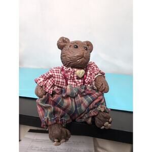Vintage Small Teddy Bear Sitting In Plaid Suit Heart Button